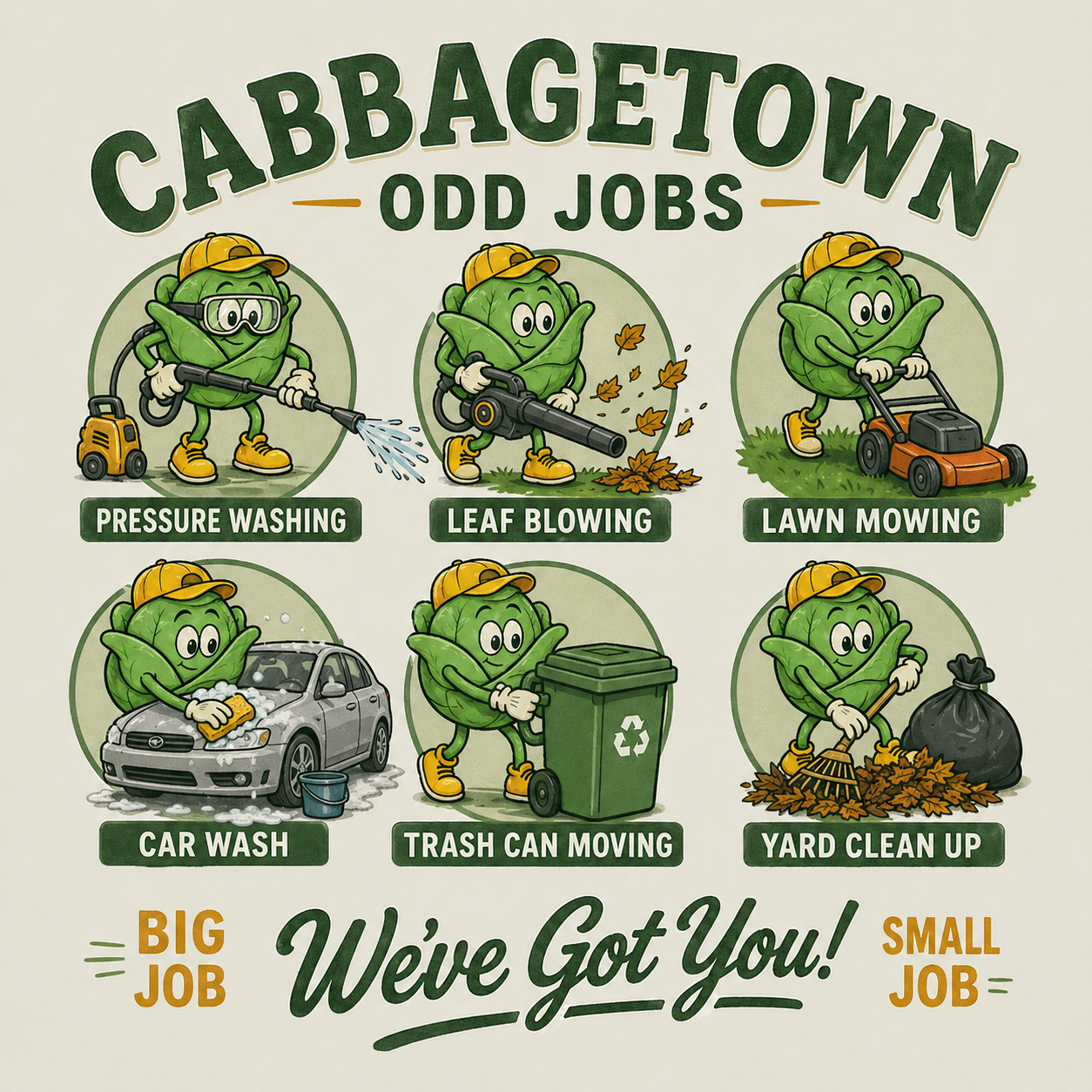 Cabbagetown Odd Jobs cabbage mascot in the center, surrounded by icons of the six services: pressure washing, leaf blowing, lawn mowing, car wash, trash can moving, and yard clean up